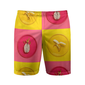 Мужские шорты спортивные с принтом фрукты шахматы ,  |  | 3d | банан | вкусняшки | еда | желтый | клетка | розовый | фрукты