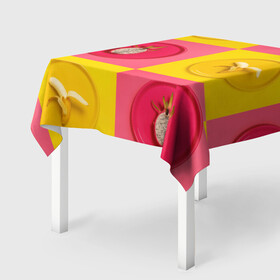 Скатерть 3D с принтом фрукты шахматы , 100% полиэстер (ткань не мнется и не растягивается) | Размер: 150*150 см | 3d | банан | вкусняшки | еда | желтый | клетка | розовый | фрукты