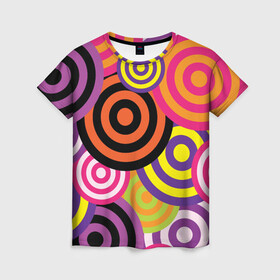 Женская футболка 3D с принтом Аннотация разноцветных кругов , 100% полиэфир ( синтетическое хлопкоподобное полотно) | прямой крой, круглый вырез горловины, длина до линии бедер | абстрация | аннотация | иллюзии | круги | мишени | мишень | разноцветный