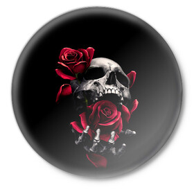 Значок с принтом ЧЕРЕП И РОЗЫ ,  металл | круглая форма, металлическая застежка в виде булавки | death | flowers | horror | metal | rose | roses | skull | арт | зомби | кости | розы | скелет | цветы | череп | черный
