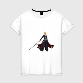 Женская футболка хлопок с принтом Ичиго Куросаки , 100% хлопок | прямой крой, круглый вырез горловины, длина до линии бедер, слегка спущенное плечо | anime | bleach | hero | ichigo kurosaki | manga | блич | герой | ичиго куросаки