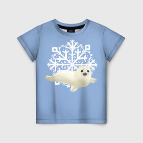 Детская футболка 3D с принтом Беляк , 100% гипоаллергенный полиэфир | прямой крой, круглый вырез горловины, длина до линии бедер, чуть спущенное плечо, ткань немного тянется | белый | беляк | детёныш | зима | лазурно серый | милота | милый | синий | снег | снежинка | тюлень