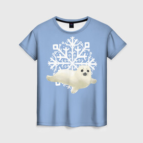 Женская футболка 3D с принтом Беляк , 100% полиэфир ( синтетическое хлопкоподобное полотно) | прямой крой, круглый вырез горловины, длина до линии бедер | белый | беляк | детёныш | зима | лазурно серый | милота | милый | синий | снег | снежинка | тюлень