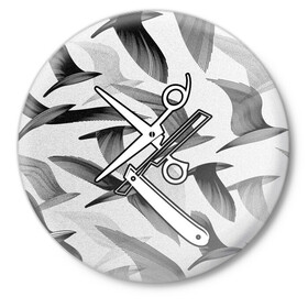 Значок с принтом Барбер ,  металл | круглая форма, металлическая застежка в виде булавки | барбер | бритва | ножницы | опасная бритва | птицы | рисунок