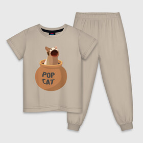 Детская пижама хлопок с принтом Pop Cat (орущий кот в горшке) , 100% хлопок |  брюки и футболка прямого кроя, без карманов, на брюках мягкая резинка на поясе и по низу штанин
 | cat | pop cat | wide mouthed popping cat | буп | кот | котик