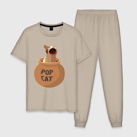 Мужская пижама хлопок с принтом Pop Cat (орущий кот в горшке) , 100% хлопок | брюки и футболка прямого кроя, без карманов, на брюках мягкая резинка на поясе и по низу штанин
 | cat | pop cat | wide mouthed popping cat | буп | кот | котик