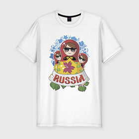 Мужская футболка хлопок Slim с принтом Russia , 92% хлопок, 8% лайкра | приталенный силуэт, круглый вырез ворота, длина до линии бедра, короткий рукав | russia | матрешки | патриотизм | родина | россия