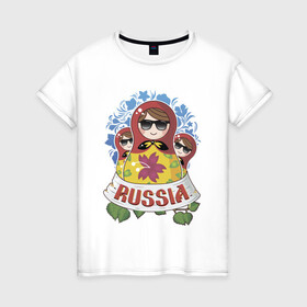 Женская футболка хлопок с принтом Russia , 100% хлопок | прямой крой, круглый вырез горловины, длина до линии бедер, слегка спущенное плечо | russia | матрешки | патриотизм | родина | россия