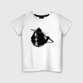 Детская футболка хлопок с принтом Busido - путь воина , 100% хлопок | круглый вырез горловины, полуприлегающий силуэт, длина до линии бедер | Тематика изображения на принте: воин | демон | дух | иероглиф | меч | самурай | японимая