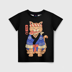 Детская футболка 3D с принтом Суши Мастер , 100% гипоаллергенный полиэфир | прямой крой, круглый вырез горловины, длина до линии бедер, чуть спущенное плечо, ткань немного тянется | cat | cats | japan | master | ninja | samurai | sushi | yakuza | катана | кот | котенок | коты | котэ | котята | кошка | мастер | ниндзя | самурай | суши | якудза | япония