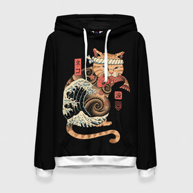Женская толстовка 3D с принтом Cat Wave , 100% полиэстер  | двухслойный капюшон со шнурком для регулировки, мягкие манжеты на рукавах и по низу толстовки, спереди карман-кенгуру с мягким внутренним слоем. | cat | cats | japan | ninja | samurai | shogun | wave | yakuza | волна | катана | кот | котенок | коты | котэ | котята | кошка | ниндзя | самурай | сёгун | якудза | япония