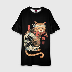 Детское платье 3D с принтом Cat Wave , 100% полиэстер | прямой силуэт, чуть расширенный к низу. Круглая горловина, на рукавах — воланы | Тематика изображения на принте: cat | cats | japan | ninja | samurai | shogun | wave | yakuza | волна | катана | кот | котенок | коты | котэ | котята | кошка | ниндзя | самурай | сёгун | якудза | япония