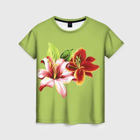 Женская футболка 3D с принтом Весна , 100% полиэфир ( синтетическое хлопкоподобное полотно) | прямой крой, круглый вырез горловины, длина до линии бедер | букет | лепестки | лилии | листья | цветы