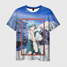 Мужская футболка 3D с принтом Рей Аянами (Евангелион) , 100% полиэфир | прямой крой, круглый вырез горловины, длина до линии бедер | аниме девушка | горы | ева | рамка | рей аянами | синие волосы | снег