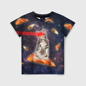 Детская футболка 3D с принтом Котик в космосе , 100% гипоаллергенный полиэфир | прямой крой, круглый вырез горловины, длина до линии бедер, чуть спущенное плечо, ткань немного тянется | nyan cat | youtube | еда | космос | котик | мемы | пицца | психоделика | ютуб