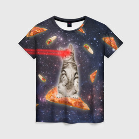 Женская футболка 3D с принтом Котик в космосе , 100% полиэфир ( синтетическое хлопкоподобное полотно) | прямой крой, круглый вырез горловины, длина до линии бедер | nyan cat | youtube | еда | космос | котик | мемы | пицца | психоделика | ютуб