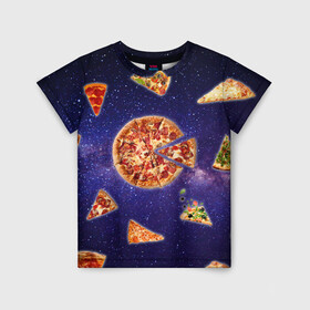Детская футболка 3D с принтом Пицца в космосе , 100% гипоаллергенный полиэфир | прямой крой, круглый вырез горловины, длина до линии бедер, чуть спущенное плечо, ткань немного тянется | meat | pizza | space | youtube | еда | космос | мемы | пицца | психоделика | ютуб