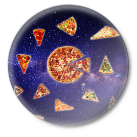 Значок с принтом Пицца в космосе ,  металл | круглая форма, металлическая застежка в виде булавки | meat | pizza | space | youtube | еда | космос | мемы | пицца | психоделика | ютуб