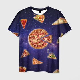 Мужская футболка 3D с принтом Пицца в космосе , 100% полиэфир | прямой крой, круглый вырез горловины, длина до линии бедер | meat | pizza | space | youtube | еда | космос | мемы | пицца | психоделика | ютуб