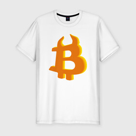 Мужская футболка хлопок Slim с принтом Btc год быка , 92% хлопок, 8% лайкра | приталенный силуэт, круглый вырез ворота, длина до линии бедра, короткий рукав | 2021 | bitcoin | btc | б | битиси | биткоин | год быка | желтый | коин | новый биткоин | рогатый