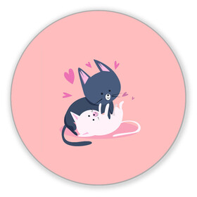 Коврик для мышки круглый с принтом Влюбленные котики , резина и полиэстер | круглая форма, изображение наносится на всю лицевую часть | влюбленные коты | коты | любовь | сердечки | черный кот