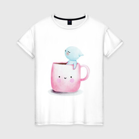 Женская футболка хлопок с принтом Котик в чашке , 100% хлопок | прямой крой, круглый вырез горловины, длина до линии бедер, слегка спущенное плечо | cat | акварельный котэ | кот в чашке | котенок