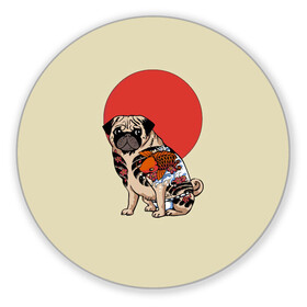 Коврик для мышки круглый с принтом Мопс , резина и полиэстер | круглая форма, изображение наносится на всю лицевую часть | мопс | мопсик | мопсики | самурай | собака | солнце | тату | япония | японское