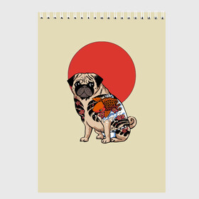 Скетчбук с принтом Мопс , 100% бумага
 | 48 листов, плотность листов — 100 г/м2, плотность картонной обложки — 250 г/м2. Листы скреплены сверху удобной пружинной спиралью | мопс | мопсик | мопсики | самурай | собака | солнце | тату | япония | японское