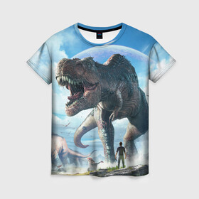 Женская футболка 3D с принтом Ark Survival Evolved , 100% полиэфир ( синтетическое хлопкоподобное полотно) | прямой крой, круглый вырез горловины, длина до линии бедер | ark | ark survival | dino | t rex | арк | арк сурвайвал | дино | динозавр | динозавры | спинозавр | тираннозавр