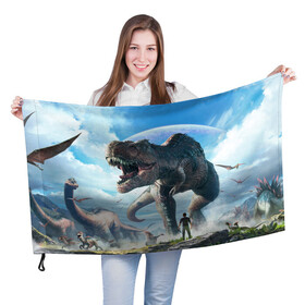 Флаг 3D с принтом Ark Survival Evolved , 100% полиэстер | плотность ткани — 95 г/м2, размер — 67 х 109 см. Принт наносится с одной стороны | ark | ark survival | dino | t rex | арк | арк сурвайвал | дино | динозавр | динозавры | спинозавр | тираннозавр
