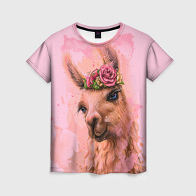 Женская футболка 3D с принтом лама с цветами , 100% полиэфир ( синтетическое хлопкоподобное полотно) | прямой крой, круглый вырез горловины, длина до линии бедер | llama | альпака | животные | лама
