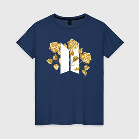 Женская футболка хлопок с принтом БТС BTS Stay Gold V2 Bangtan , 100% хлопок | прямой крой, круглый вырез горловины, длина до линии бедер, слегка спущенное плечо | Тематика изображения на принте: bangtan boys | bts | k pop | stay gold | бтс | версия 2