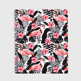Тетрадь с принтом фламинго и попугаи , 100% бумага | 48 листов, плотность листов — 60 г/м2, плотность картонной обложки — 250 г/м2. Листы скреплены сбоку удобной пружинной спиралью. Уголки страниц и обложки скругленные. Цвет линий — светло-серый
 | Тематика изображения на принте: птицы | тропики | фламинго