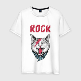Мужская футболка хлопок с принтом КОТ РОК , 100% хлопок | прямой крой, круглый вырез горловины, длина до линии бедер, слегка спущенное плечо. | cat | rock | кот | кот рок | котик | кошак | кошка | рок | рок кот