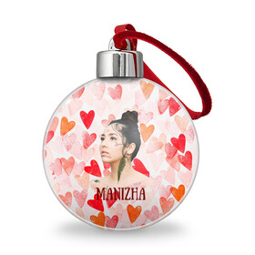 Ёлочный шар с принтом Manizha на фоне сердечек , Пластик | Диаметр: 77 мм | Тематика изображения на принте: manizha | далеровна | душанбе | евровидение | евровидение 2021 | манижа | певица | таджикистан | хамраева