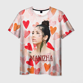 Мужская футболка 3D с принтом Manizha на фоне сердечек , 100% полиэфир | прямой крой, круглый вырез горловины, длина до линии бедер | manizha | далеровна | душанбе | евровидение | евровидение 2021 | манижа | певица | таджикистан | хамраева