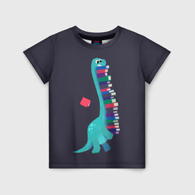 Детская футболка 3D с принтом Book Dinosaur , 100% гипоаллергенный полиэфир | прямой крой, круглый вырез горловины, длина до линии бедер, чуть спущенное плечо, ткань немного тянется | barosaurus | book | books | dino | dinosaur | knowledge | study | барозавр | знания | книга | книги | книжный