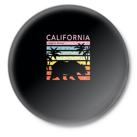 Значок с принтом California гризли на закате ,  металл | круглая форма, металлическая застежка в виде булавки | Тематика изображения на принте: california | гризли | закат | лето | медведь | пальмы | солнце