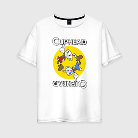 Женская футболка хлопок Oversize с принтом СapheadMugman , 100% хлопок | свободный крой, круглый ворот, спущенный рукав, длина до линии бедер
 | caphead | cup | mugman | друг | капхед | капхейд | кружка | мугман