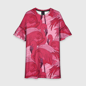 Детское платье 3D с принтом розовые фламинго , 100% полиэстер | прямой силуэт, чуть расширенный к низу. Круглая горловина, на рукавах — воланы | flamingo | птицы | розовый | фламинго