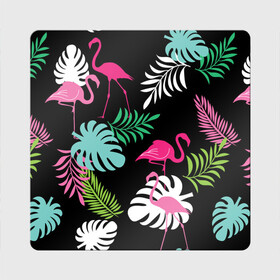 Магнит виниловый Квадрат с принтом фламинго с цветами , полимерный материал с магнитным слоем | размер 9*9 см, закругленные углы | Тематика изображения на принте: flamingo | птицы | розовый | фламинго