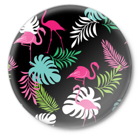 Значок с принтом фламинго с цветами ,  металл | круглая форма, металлическая застежка в виде булавки | Тематика изображения на принте: flamingo | птицы | розовый | фламинго