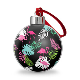 Ёлочный шар с принтом фламинго с цветами , Пластик | Диаметр: 77 мм | Тематика изображения на принте: flamingo | птицы | розовый | фламинго