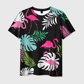 Мужская футболка 3D с принтом фламинго с цветами , 100% полиэфир | прямой крой, круглый вырез горловины, длина до линии бедер | Тематика изображения на принте: flamingo | птицы | розовый | фламинго