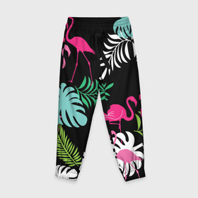 Детские брюки 3D с принтом фламинго с цветами , 100% полиэстер | манжеты по низу, эластичный пояс регулируется шнурком, по бокам два кармана без застежек, внутренняя часть кармана из мелкой сетки | flamingo | птицы | розовый | фламинго