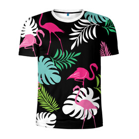 Мужская футболка 3D спортивная с принтом фламинго с цветами , 100% полиэстер с улучшенными характеристиками | приталенный силуэт, круглая горловина, широкие плечи, сужается к линии бедра | Тематика изображения на принте: flamingo | птицы | розовый | фламинго