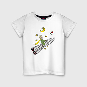 Детская футболка хлопок с принтом Маленький принц на ракете , 100% хлопок | круглый вырез горловины, полуприлегающий силуэт, длина до линии бедер | Тематика изображения на принте: baby | dreams | little prince | prince | rocket | space | stars | the little prince | детские | звезды | космонавт | космос | луна | маленький принц | малыш | месяц | мечты | полет | полумесяц | принц | ракета | ребенок | роза | сказки