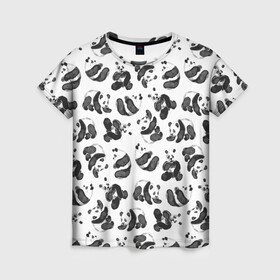 Женская футболка 3D с принтом Акварельные панды паттерн , 100% полиэфир ( синтетическое хлопкоподобное полотно) | прямой крой, круглый вырез горловины, длина до линии бедер | art | black white | cute | funny panda | panda | pandas | pattern | watercolor | акварель | акварельный рисунок | арт | детский рисунок | маленькие панды | медведи | медвежата | милые панды | мишки | панда | пандочка | пандочки | узор