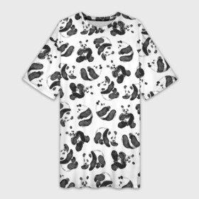 Платье-футболка 3D с принтом Акварельные панды паттерн ,  |  | art | black white | cute | funny panda | panda | pandas | pattern | watercolor | акварель | акварельный рисунок | арт | детский рисунок | маленькие панды | медведи | медвежата | милые панды | мишки | панда | пандочка | пандочки | узор