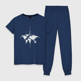Женская пижама хлопок с принтом Карта Мира Компас  , 100% хлопок | брюки и футболка прямого кроя, без карманов, на брюках мягкая резинка на поясе и по низу штанин | africa | afrika | australia | brazil | compas | earth | geraldic | planet | russia | usa | world map | астралия | африка | бразилия | геральдика | земля | континенты | планета | роза ветров | россия | страна | страны | сша